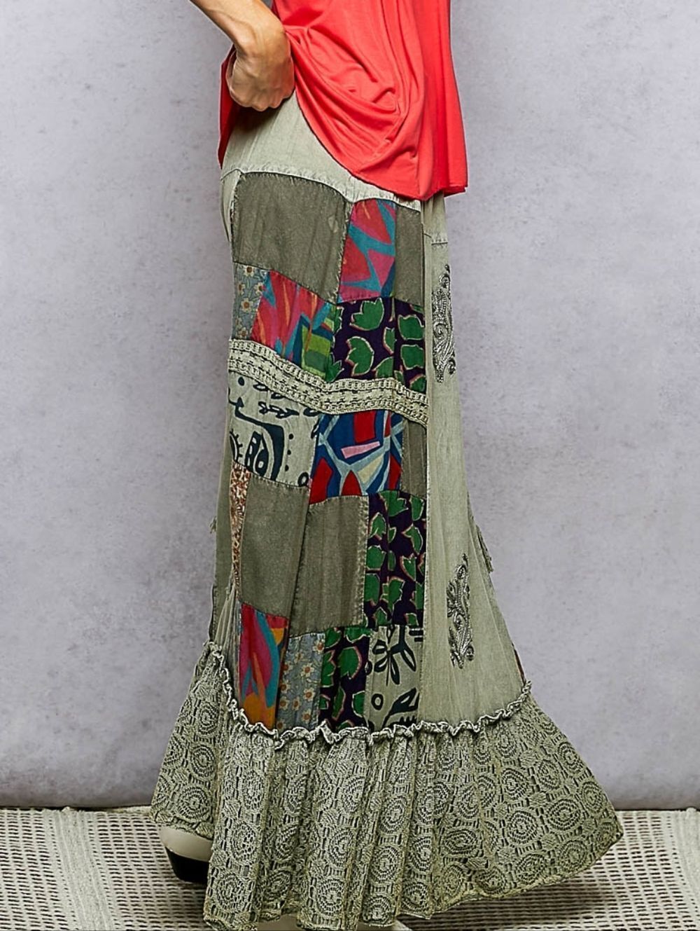 POL Printed Embroidered Ruffled Bohemian Patchwork Green Sz Small - Picture 6 of 9